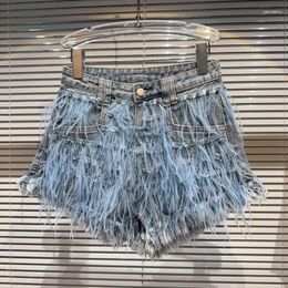 여성 청바지 Prepomp 2024 여름 컬렉션 깃털 라인톤 자수 구슬 Blue Denim Shorts 여성 Short GK474