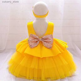Girl's Dresses Yellow Sequin Bow Infant Girls Birthday Dresses For Girl Baby Christening Gown Kids Christmas Party Dress Toddler Clothes L240315