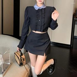 Women's T Shirts 2024 Spring Polo Collar Contrast Color Patchwork Pleated Long-sleeved Shirt Women Sexy Slim A-line Skirt Two-piece Suit