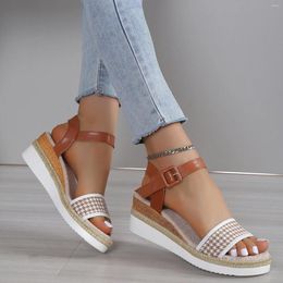 Sandals Ladies Fashion Summer Thousand Bird Checker Fabric Clasp Wedge Heel Thick Sole Women'S 2024