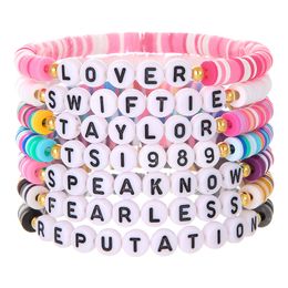 Bohemian Friendship Bracelets Set Black Letter Taylor Swiftie TS1989 Lover Fearless Gold Charm Beaded Strands Music Fans Elastic Soft Clay Beach Jewellery Gifts