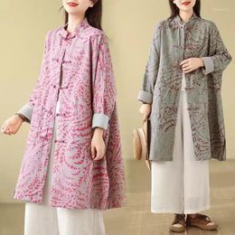 Women's Jackets Spring Original Design Cotton And Linen Coat Art Retro Pan Button Loose Bat Sleeves Medium Long Print Shirt Jacket Z4766