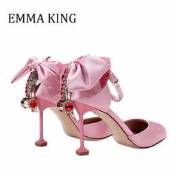 Women Bow Rhinestone Satin Pumps Sexy Pointed Toe Stiletto High Heels Ankle Strap Pumps Ladies Sweet Wedding Party Shoes Big 41 240227