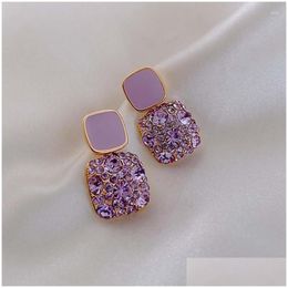 Stud Earrings Sweet Style Autumn And Winter Net Red Paragraph Rhinestone Purple Love Ear Geometric Diamond Girl Drop Delivery Otg5N