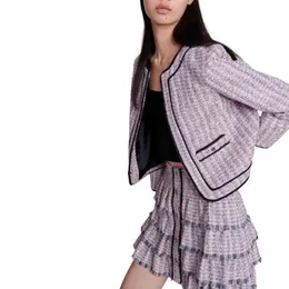 2024 Xiaoxiang m * aje mixed Colour tweed piping round neck jacket cake tassel short skirt set for women