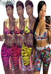 Women Swimwear Sexy Slim Tie Up Bra Shorts Half Length Pants 2 Piece Tracksuit Patchwork Shark Camo Striped Swimsuit Bikini 22 Styles4662339