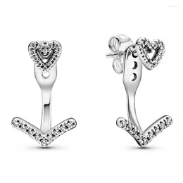 Stud Earrings Authentic 925 Sterling Silver Sparkling Wishbone Heart Fashion For Women Gift DIY Jewelry