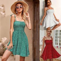 Spring Summer Eaby Strap Smocking Shivering Dots Dress For Women