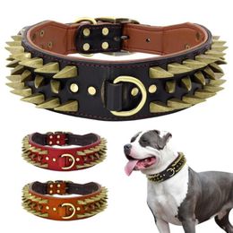 Dog Collars & Leashes 2'' Width Leather Collar Durable For Big Dogs Sharp Spikes Studded Medium Large Pet Pitbull German S259q