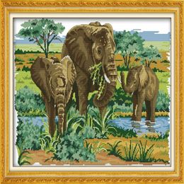 Elephants family foraging Drawing Handmade Cross Stitch Craft Tools Embroidery Needlework sets counted print on canvas DMC 14CT 11185V