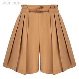 Women's Shorts Poque Vintage Waist Wide Leg Shorts With Belt Summer Beach Shorts With Pockets Belts Front Short Pant ldd240312