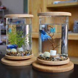 1pcs Glass Betta Fish Tank Bamboo Base Mini Fish Tank Decoration Accessories Rotate Decoration Fish Bowl Aquarium Accessories Y200299S