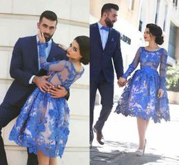 Superior Quality Royal Blue Evening Dresses Long Sleeves Kneelength 3D Floral Appliques Formal Gowns Arab Dresses Plus Size Prom 2261105