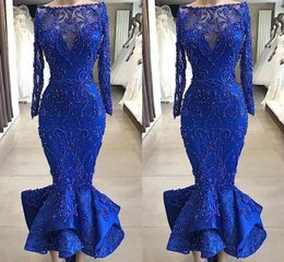 Real Images Luxury Royal Blue Mermaid Prom Evening Dresses Bateau Neck Beaded Pearls Fitted Bodice Ruffles Ankle Length Short Cock8953071