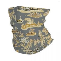 Bandanas Pagoda Garden Teahouse Bandana Neck Gaiter UV Protection Face Scarf Cover Gray And Gold Chinoiserie Headwear Tube Balaclava