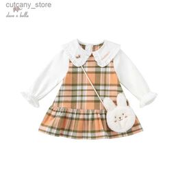 Girl's Dresses DBZ18513 dave bella autumn baby girls fashion plaid draped dress with a small bag party dress kids infant lolita 2pcs clothes L240313