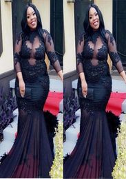 African Black Girls Plus Size Black Long Prom Dresses Mermaid High Neck Illusion Sheer Top Appliques Sequins Long Evening Gowns SD6732249