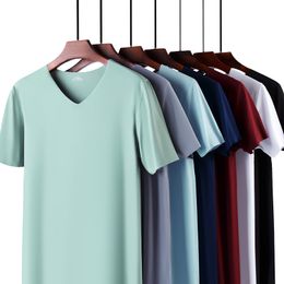 Men's T-shirt Thin Short-sleeved Summer Ice Silk Without Trace Slim Stretch V-neck Solid Colour Bottoming TEE Tops