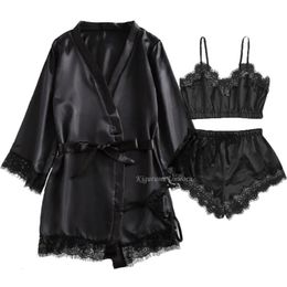 Black Sexy Womens Pyjamas Satin 4piece Lace Silk Suspender Tops Shorts Robe Set Nightgown Underwear Nightdress Suit 240226