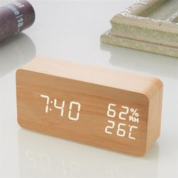 D2 Alarm Clock Digital LED Wooden Watch Table Voice Control Wood Despertador Snooze Time Temperature Display Desktop Clocks Gift 2269p