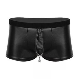 Briefs Panties Sexy Lingerie Panties Mens Soft Shiny Leather Boxer Shorts Underwear With Crotch Zipper Drop Delivery Apparel Dhj56