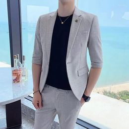 Men's Suits 2024 Summer Wedding Dress Suit Fashion Slim Business Formal Party Half Sleeve 2-piece Barber Casual