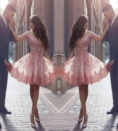 New Dusty Pink Arabic Style Homecoming Dresses Off Shoulders Lace Appliques Cap Sleeves Short Prom Dresses Backless Cocktail Dress4145849