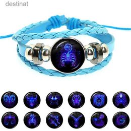Beaded Fashion 12 Constellations Bracelet Personality Blue Rope Leather weave Bracelet Button Glass Cabochon Bracelet Accessories GiftL24213