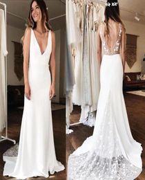 Sexy Deep Vneck Sheath Wedding Dresses White Ivory 3D Lace Robe De Maria Backless Chapel Train Bridal Gown Custom Made9886668