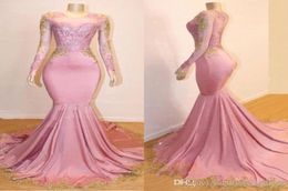 Pink and Gold Mermaid Prom Dresses with Long Sleeve 2019 Sexy Jewel Neckline Sheer Formal Evening Gowns Cocktail Party Red Carpet 8324279