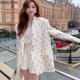 Onalippa Pink Floral Notched Blazer Women Shoulder Pad Single Breasted Women Clothing Korean Sweet Chic Loose Long Sleeves Coats 240228
