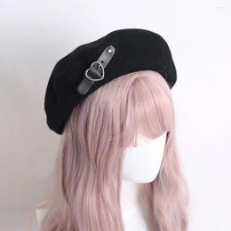 Berets Punk Women Y2 Fashion Hat JK Cute PU Chain Heart Love Harajuku Japanese Lolita Wool Kawaii Caps Accessories