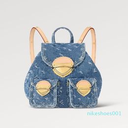 2024 backpack bag Denim features three golden tuck locks flap bags Large Blue Global Organic Standard canvas Natural