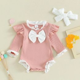 Rompers Infant Baby Girls Ruffles Romper 2 Piece Outfit Bows Long Sleeve Bodysuit Tops And Headband Cute Born Clothes Set