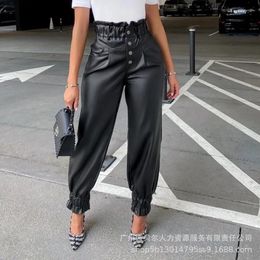 Women's Pants Women Black Ankle Length High Waist Solid Color Elastic Fashion Casual Spring Summer Trousers