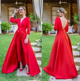 Red Jumpsuit Evening Party Formal Occasion Dresses 34 Long Sleeves Prom Gowns with Detachable Train Vestidos4213001