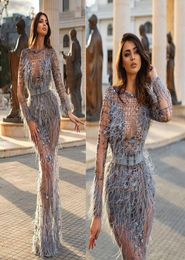 Grey Robe De Soiree Evening Dresses Lace 3D Floral Appliques Beads Mermaid Prom Dress Feather Long Sleeve Formal Party Gowns9911920