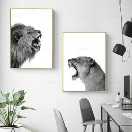2 pieces Canvas Painting Lion and Lioness Poster Animal Wall Art Print Picture Black White Woodlands for Living Room Home Decor1228K
