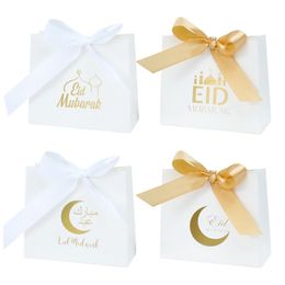 10Pcs Eid Mubarak Gift Box With Silk Ribbon Ramadan Kareem Candy Bags Muslim Islamic Festival Party DIY Decoration Supplies 240228