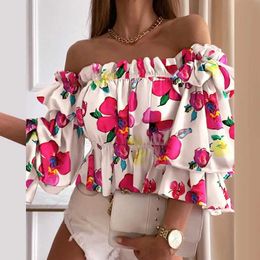 Women's Blouses Shirts Women Blouse Flare Sle Shirt Colourful lti-layer Elegant Off Shoulder Flounce Shirt Printed Pleated Ladies Ruffles ShirtL24312