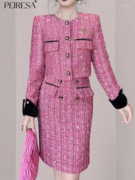 Work Dresses PEIRESA Woolen Tweed Two Piece Set For Women 2024 Autumn Winter Color Block O Neck Short Jacket Bodycon Mini Skirt Suit