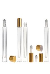 10ml Empty Pen Square Clear Glass Roll on Bottle with gold cap stainless steel roller ball for Essential oil Perfume9677065