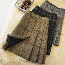 Skirts Woolen Plaid Skirt Women Autumn Winter Irregular Pleated High Waist Bag Hip A-line