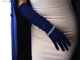 Protective Sleeves DooWay Womens Wool Cashmere Winter Gloves Long Arm Winter Warm Sleeves Navy Dark Blue Evening Opera Full Finger Gloves L240312