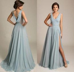 New Dusty Blue Chiffon Prom Party Dresses V Neck Sleeveless Appliques Draped Back High Split Sexy Formal Evening Gowns Cheap1910667