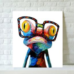 Pop Art Hand Painted Cartoon Animal Canvas Oil Painting Living Room Home Decoration Modern Paintings-Wearing Glasses Frog Framed A213Z