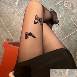 Socks Hosiery Women Sexy Black Tights Vintage Y2K Butterfly Print Transparent Silk Pantyhose Girls Lolita Summer Thin Thight High Dhlcb