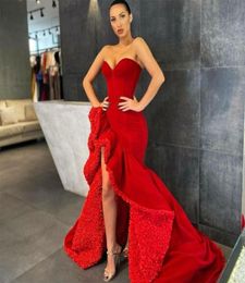 2020 Red Mermaid Prom Dresses Ruffles Side Slit Sweetheart Formal Evening Gowns vestido de novia Special Occasion Dress1536991