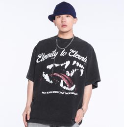 24ss Japan Big Dog Mouth Print Washed Vintage Tee Men t shirt Spring Summer Women Street skateboard Casual cotton Tshirt 0312