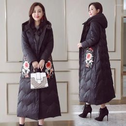 Women's Trench Coats Floral Long Parkas Women Embroidery Jackets Cotton Korean High Waist Autumn Winter Maxi Quilted Warm 2024 Outwear